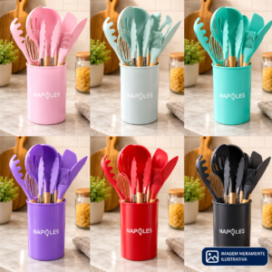Jogo de Utensílios Culinários 12 Peças Silicone e Madeira