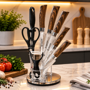 Kit de Facas Luxo 8 Peças Inox com Suporte Giratório Acrílico